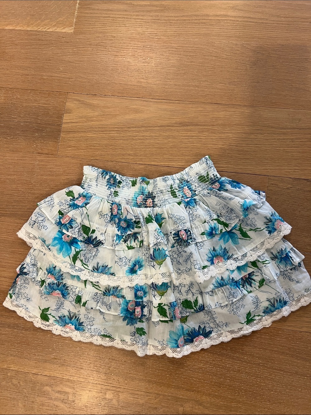 LoveShackFancy White Tiered Ruffle Skirt with Blue & Green Floral